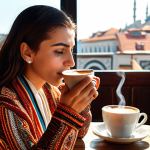 **Stylish woman in a sun-drenched Istanbul cafe, sipping Turkish coffee, wearing a fashionable outfit, capturing the vibrant atmosphere.** (This aims for a visually appealing image representing modern Turkish culture.)