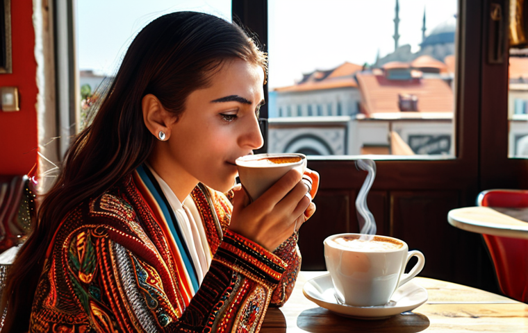 **Stylish woman in a sun-drenched Istanbul cafe, sipping Turkish coffee, wearing a fashionable outfit, capturing the vibrant atmosphere.** (This aims for a visually appealing image representing modern Turkish culture.)