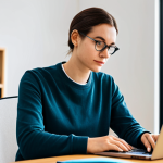 A motivated person, gender-neutral, in their late 20s or early 30s, dressed in modest, professional casual wear. They are sitting comfortably at a modern, clean desk in a well-lit home office, looking intently at a laptop screen. On the desk, there is an open notebook, a pen, and a cup of coffee, indicating focused work and learning. Their expression is calm, determined, and focused, reflecting dedication to a side hustle. The background is a blurred, inviting space with a bookshelf or minimalist decor, suggesting a productive and personal workspace. Soft, natural lighting, professional photography style, high resolution, detailed, perfect anatomy, correct proportions, natural pose, well-formed hands, proper finger count, natural body proportions, fully clothed, appropriate attire, modest clothing, professional dress, safe for work, appropriate content, family-friendly.