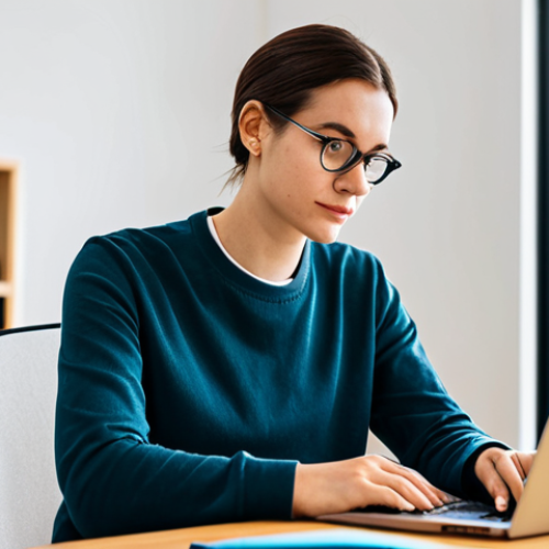 A motivated person, gender-neutral, in their late 20s or early 30s, dressed in modest, professional casual wear. They are sitting comfortably at a modern, clean desk in a well-lit home office, looking intently at a laptop screen. On the desk, there is an open notebook, a pen, and a cup of coffee, indicating focused work and learning. Their expression is calm, determined, and focused, reflecting dedication to a side hustle. The background is a blurred, inviting space with a bookshelf or minimalist decor, suggesting a productive and personal workspace. Soft, natural lighting, professional photography style, high resolution, detailed, perfect anatomy, correct proportions, natural pose, well-formed hands, proper finger count, natural body proportions, fully clothed, appropriate attire, modest clothing, professional dress, safe for work, appropriate content, family-friendly.